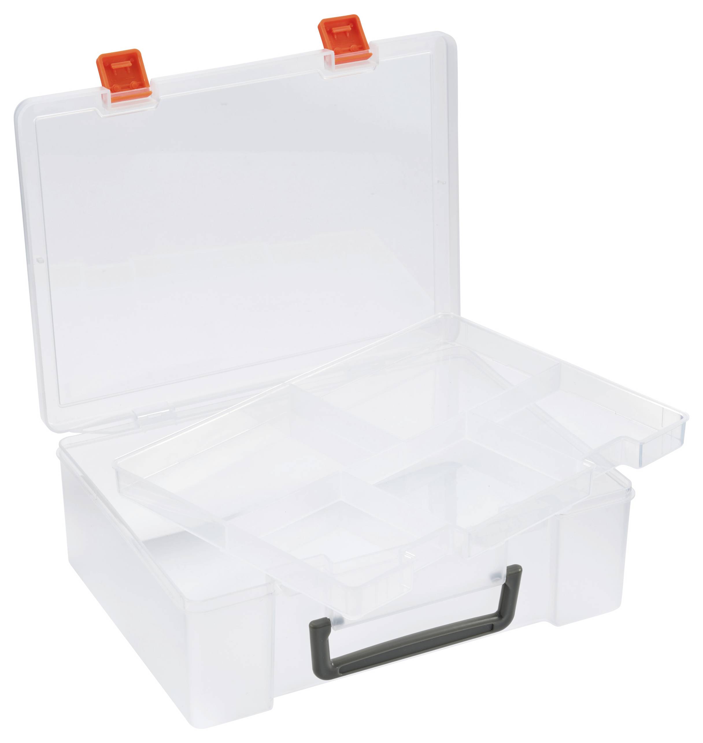 Transparente Kunststoffbox mit schwarzem Griff, geöffnet. Orange Verschlüsse oben. Innenfächer sichtbar.