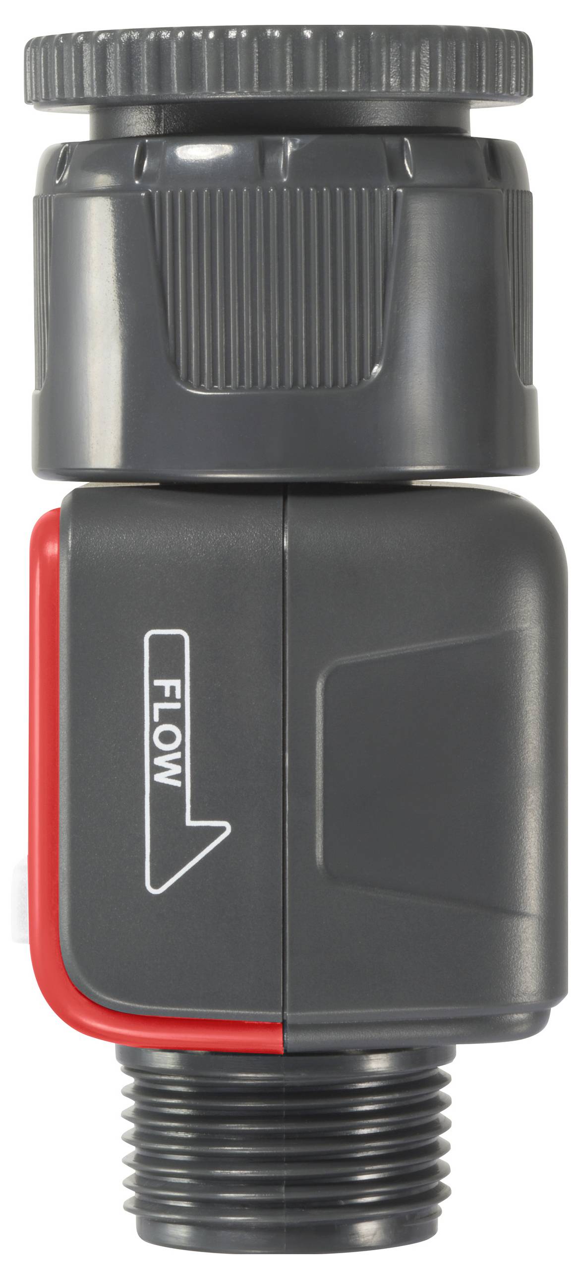 Ein grauer Wasserhahn-Adapter mit Drehverschluss und rotem Hebel, auf dem 'FLOW' steht. Ideal zur Steuerung des Wasserflusses.