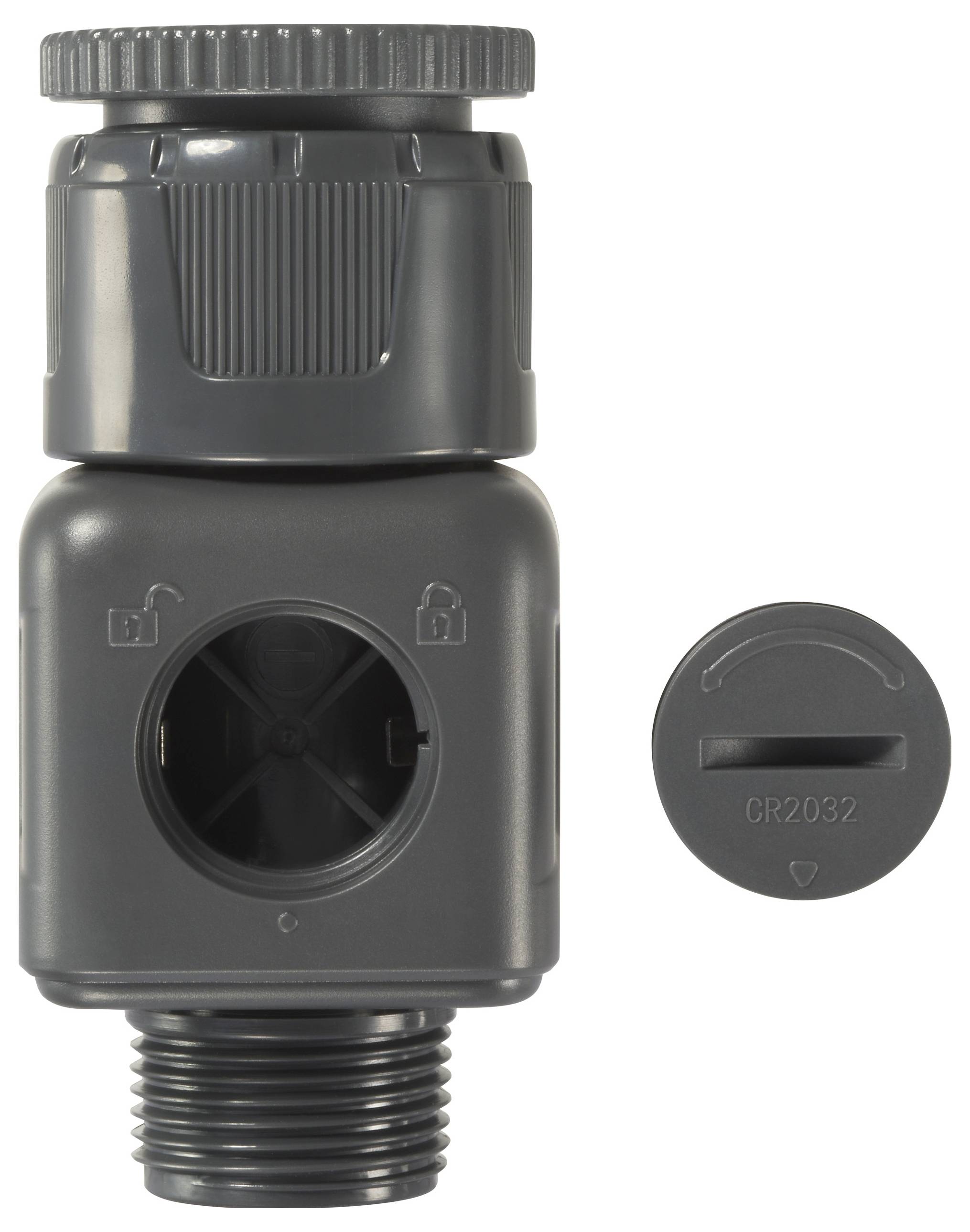 'Graues Bewässerungsventil mit Feststellmechanismus und separatem Batteriefachdeckel CR2032, beide aus Kunststoff gefertigt.'