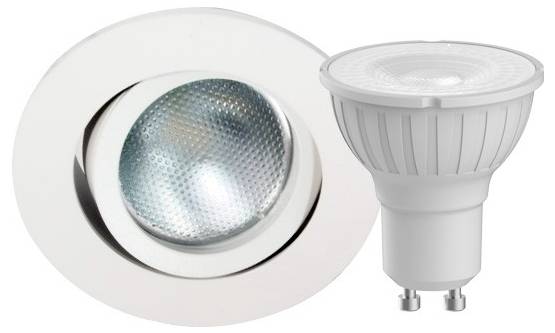 LED-Spotlicht mit rundem, weißem Rahmen und separater GU10-Glühbirne. Ideal für deckenbündige Installation.