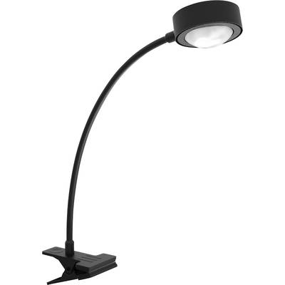 Schwarze LED-Leselampe mit flexiblem Schwanenhals und Klemme zur Befestigung an Tischen oder Regalen.