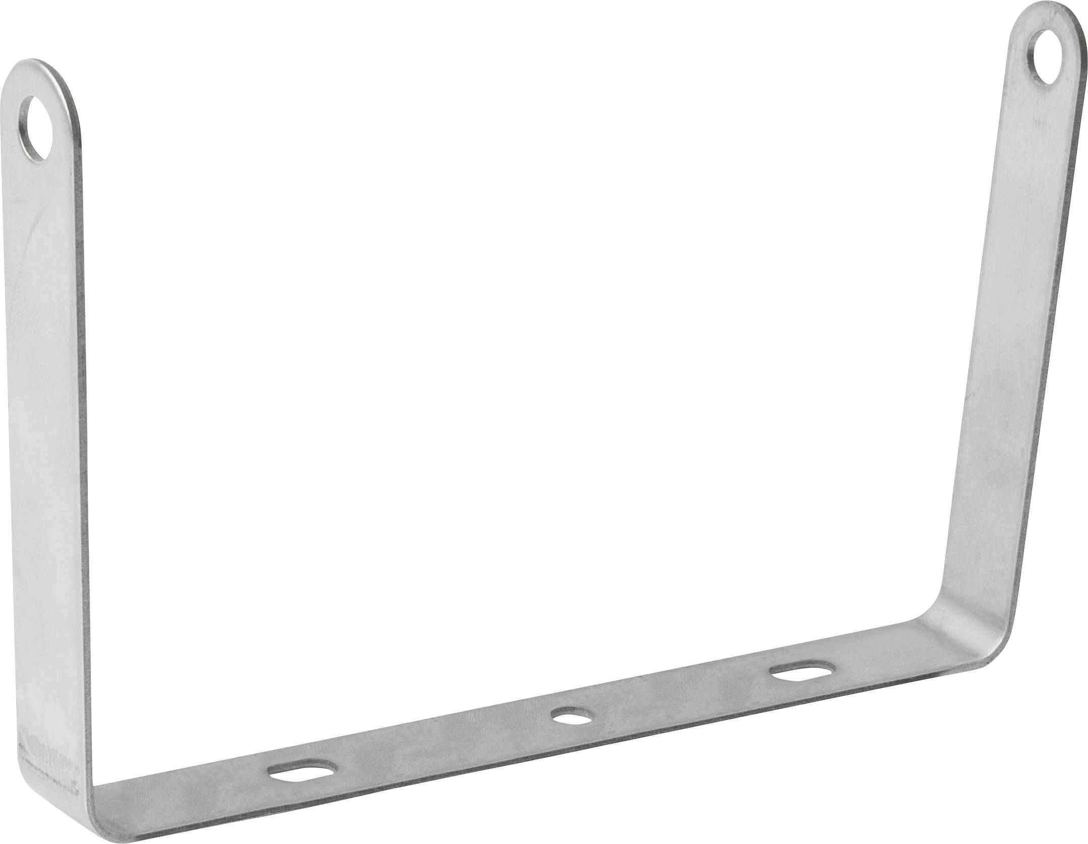 Ein U-förmiger Metallwinkel mit Bohrungen an jedem Ende zur Befestigung. Verwendet für Regalhalterungen oder Strukturverstärkung in Konstruktionen.