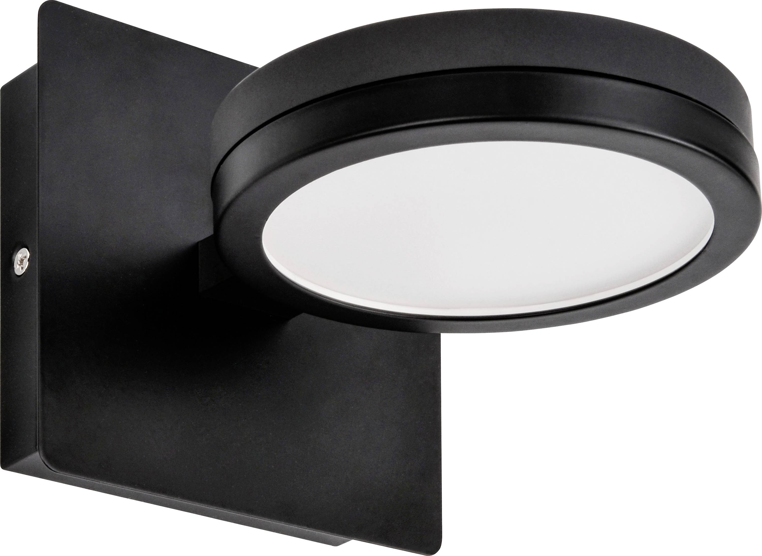 Eine runde, schwarze LED-Außenleuchte mit rechteckiger Basis. Sie ist zur Wandmontage geeignet und hat ein modernes Design.