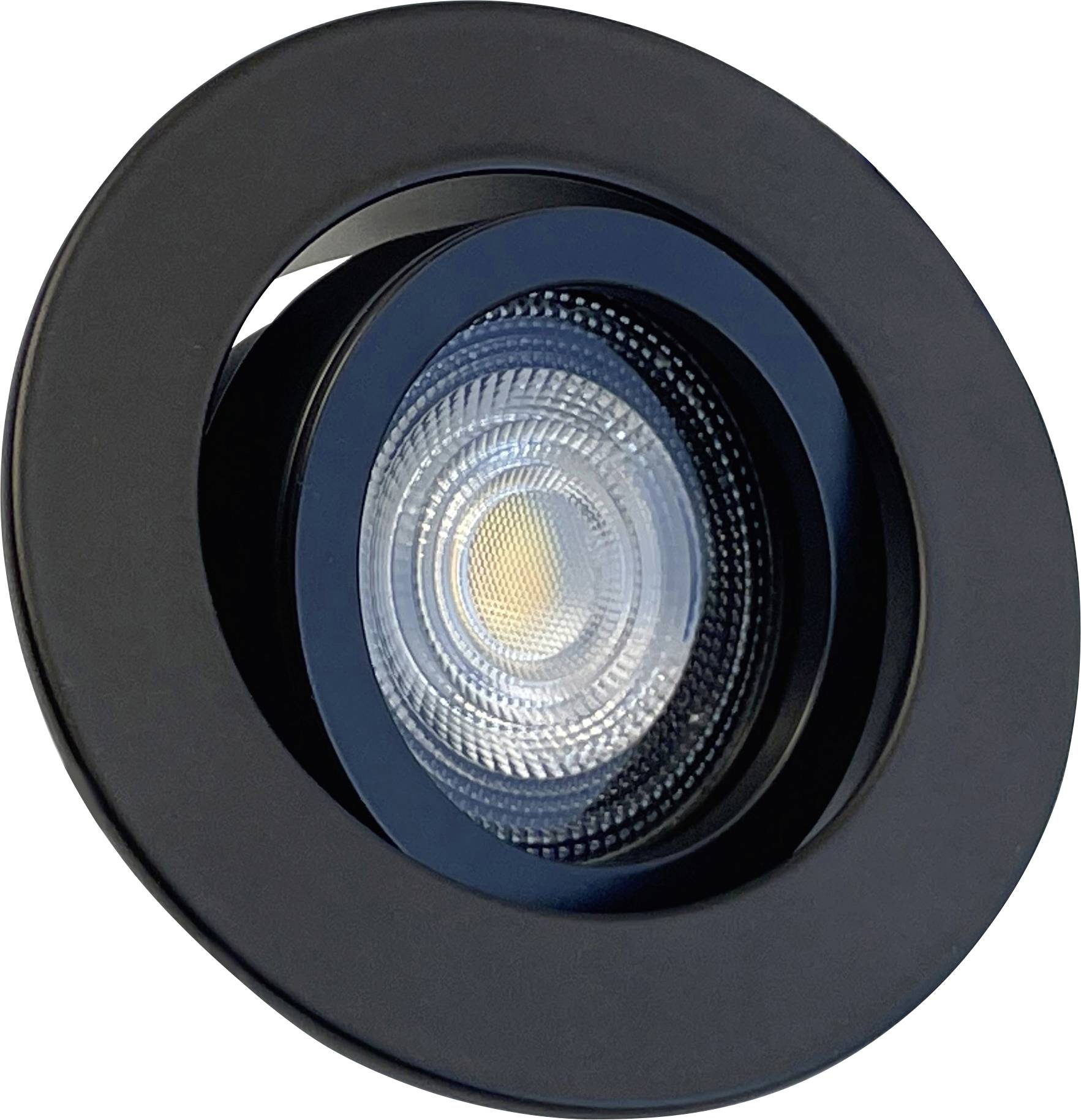 Schwarzer, runder Einbaustrahler mit sichtbarer LED-Lampe in der Mitte.