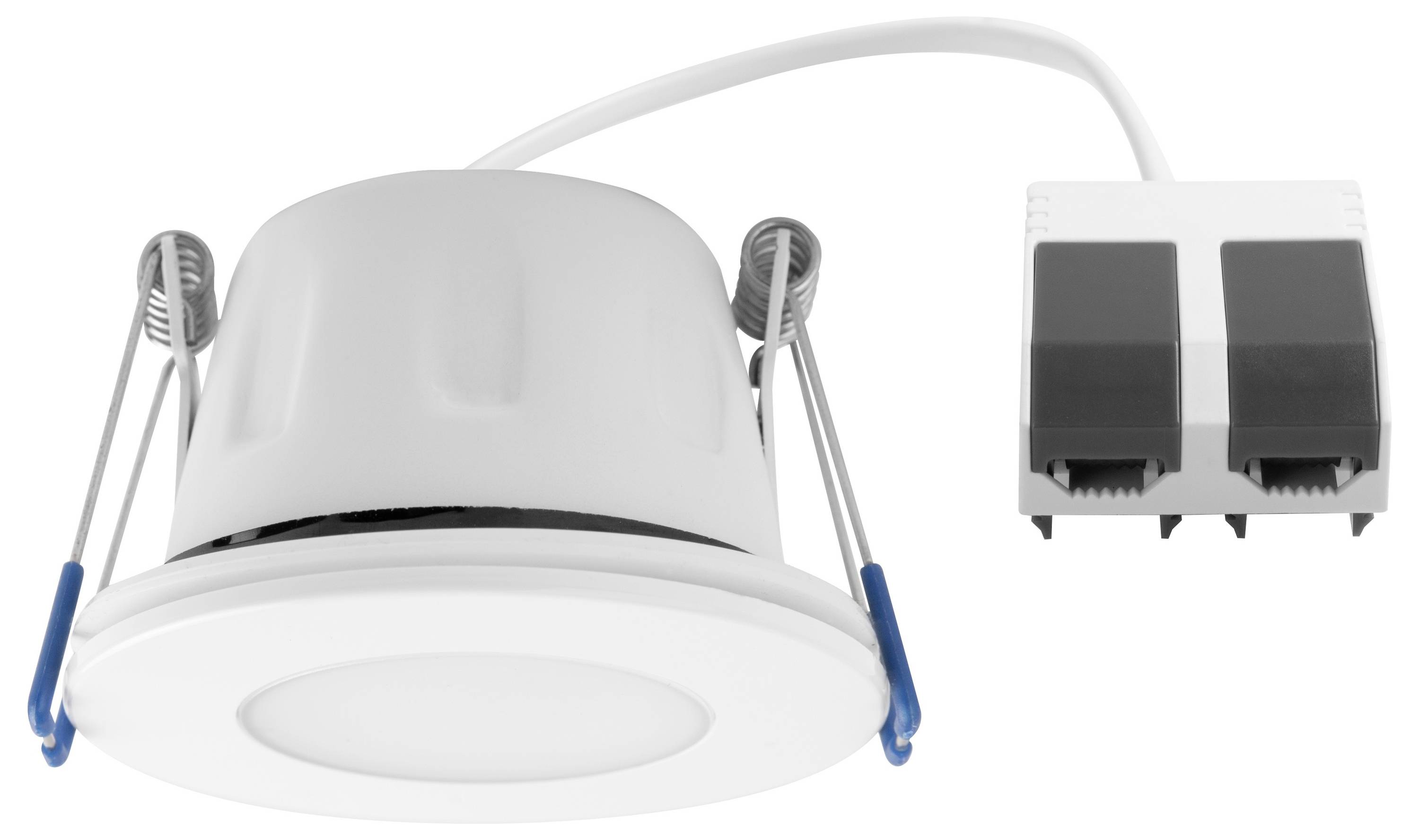 Eine runde, weiße LED-Deckenleuchte mit zwei Metallklammern und einem Anschlusskabel, das mit einem zweifarbigen Anschlussmodul verbunden ist.