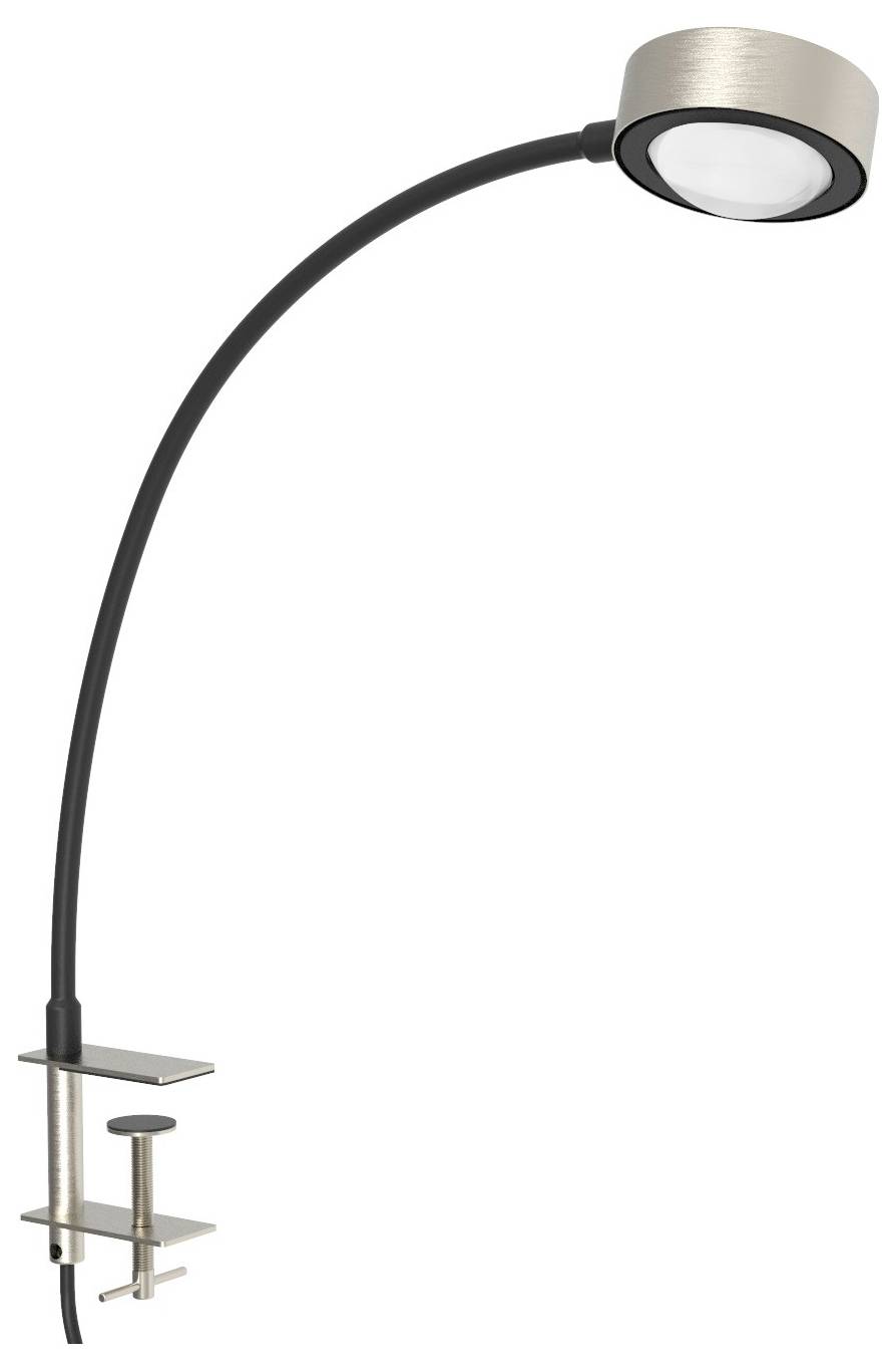 Flexible Leselampe mit rundem Kopf, schwarz gebogenem Arm und silberner Klemme für Tischmontage. Ideal für präzise Beleuchtung.