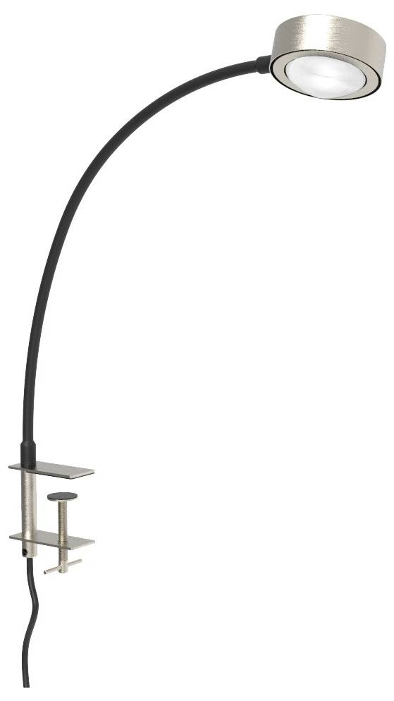 Schwarze Schwanenhals-Lampe mit silbernem Leuchtenkopf, die an einem Tisch befestigt wird. Ideal für präzise Beleuchtung beim Arbeiten.