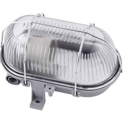 Industrieleuchte mit ovaler Metallabdeckung und Schutzgitter, geeignet für raue Umgebungen. Montierbar an Wand oder Decke.