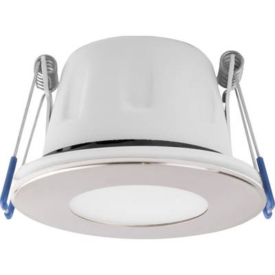 Ein LED-Deckeneinbauspot mit weißem Rahmen und Metallklammern zur Befestigung in der Decke.