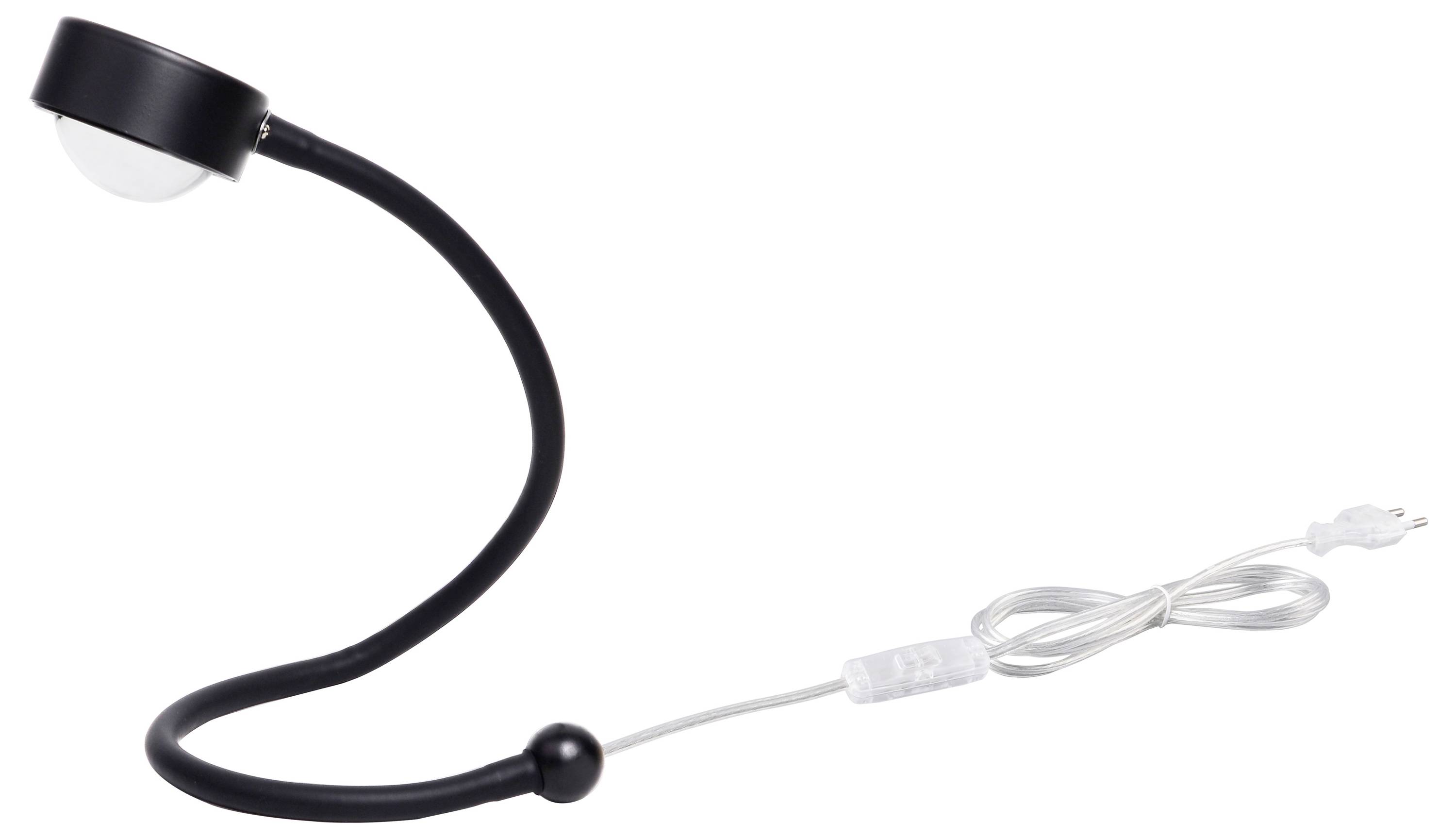 Schwarze flexible Leselampe mit rundem Leuchtkopf und transparentem Kabel mit Stecker.