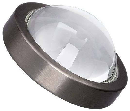 'Leuchtmittel mit Glaskuppel in metallener Fassung, halbseitige Ansicht.'