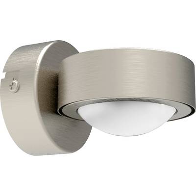 Wandleuchte aus gebürstetem Metall mit zylindrischem Design und schwenkbarem Lampenschirm.