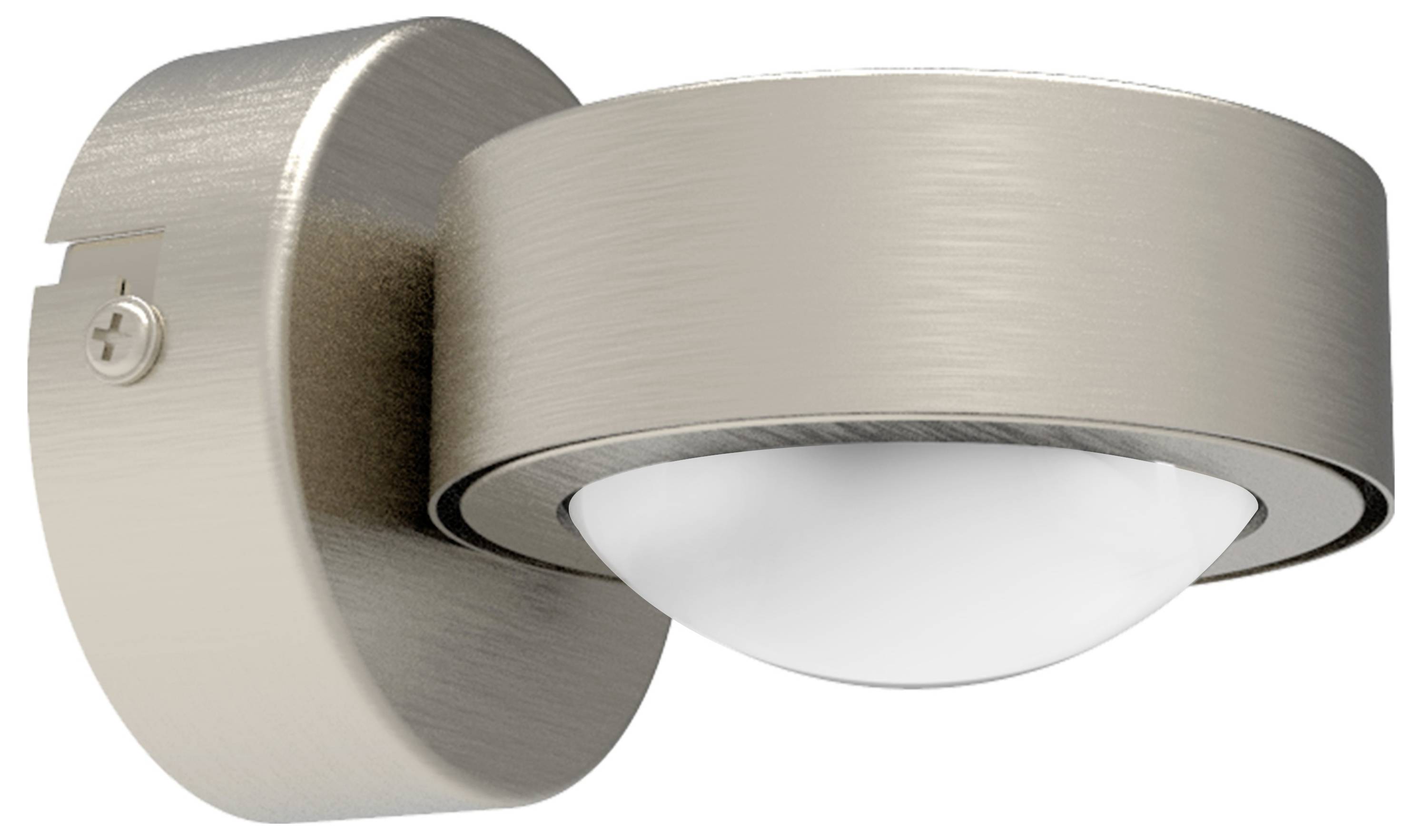 Moderne Wandlampe in gebürstetem Metall mit rundem Design und opalweißer Glaskuppel. Ideal für stilvolle Beleuchtung.