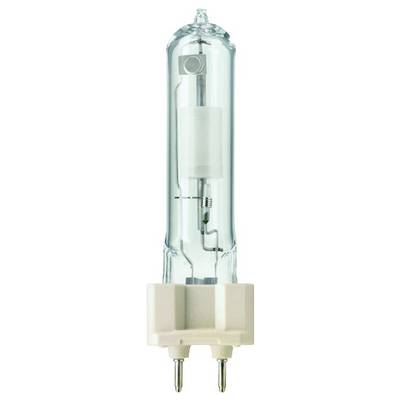 Eine transparente Halogenlampe mit zylindrischer Form und zwei Metallstiften am Sockel, geeignet für High-Intensity-Discharge-Beleuchtung.