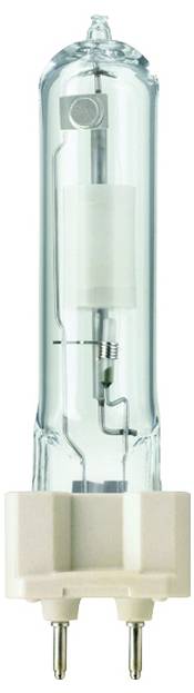 Eine Halogen-Metalldampflampe mit zylindrischer Glasform und zwei Metallstiften an der Basis, geeignet für technische Anwendungen.