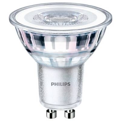 Energiesparende LED-Spotlampe mit GU10-Sockel, von der Marke Philips, geeignet für Leuchten mit höherem Energiebedarf.