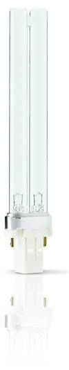 Eine kompakte Leuchtstofflampe mit zwei langen, parallelen Röhren und einem weißen Sockel, stehend auf einem reflektierenden Untergrund.