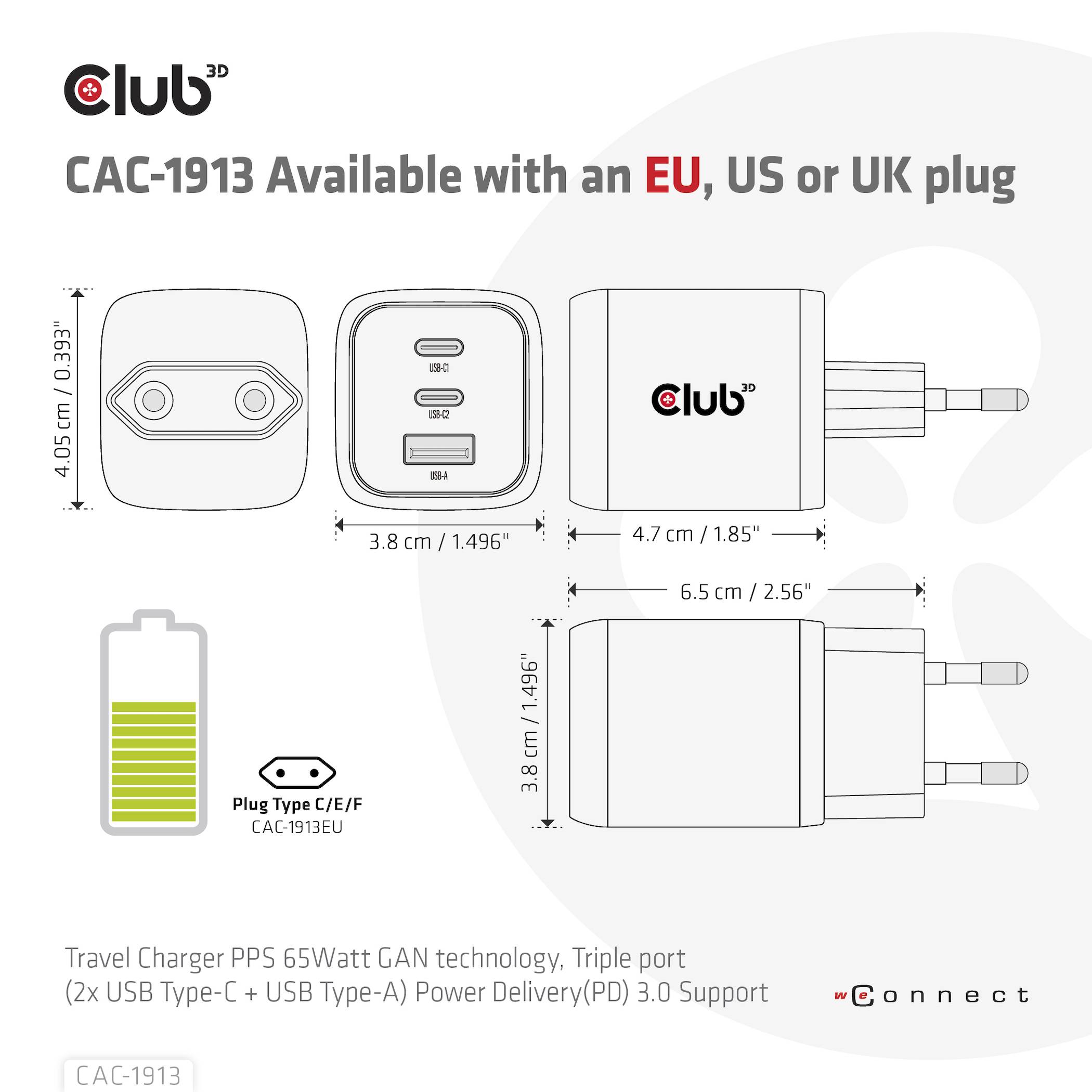 club3D CAC-1913EU USB Ladegerät 65 W 1x USB-A, 2x USB-C® USB PD 3.0, USB PD Schwarz-2