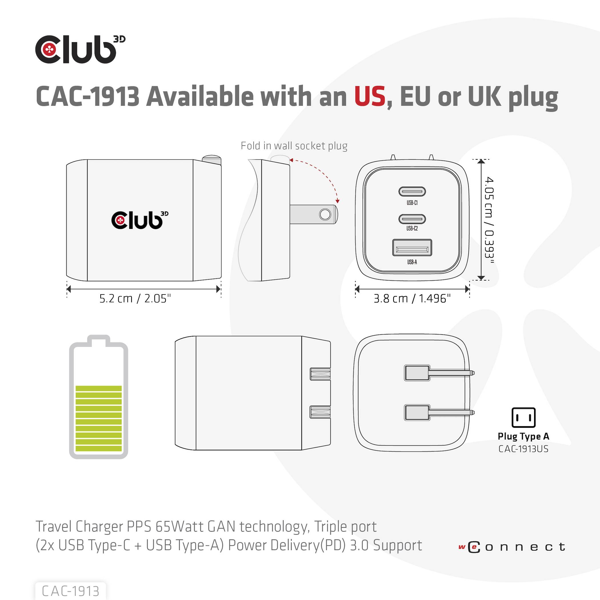 club3D CAC-1913EU USB Ladegerät 65 W 1x USB-A, 2x USB-C® USB PD 3.0, USB PD Schwarz-3