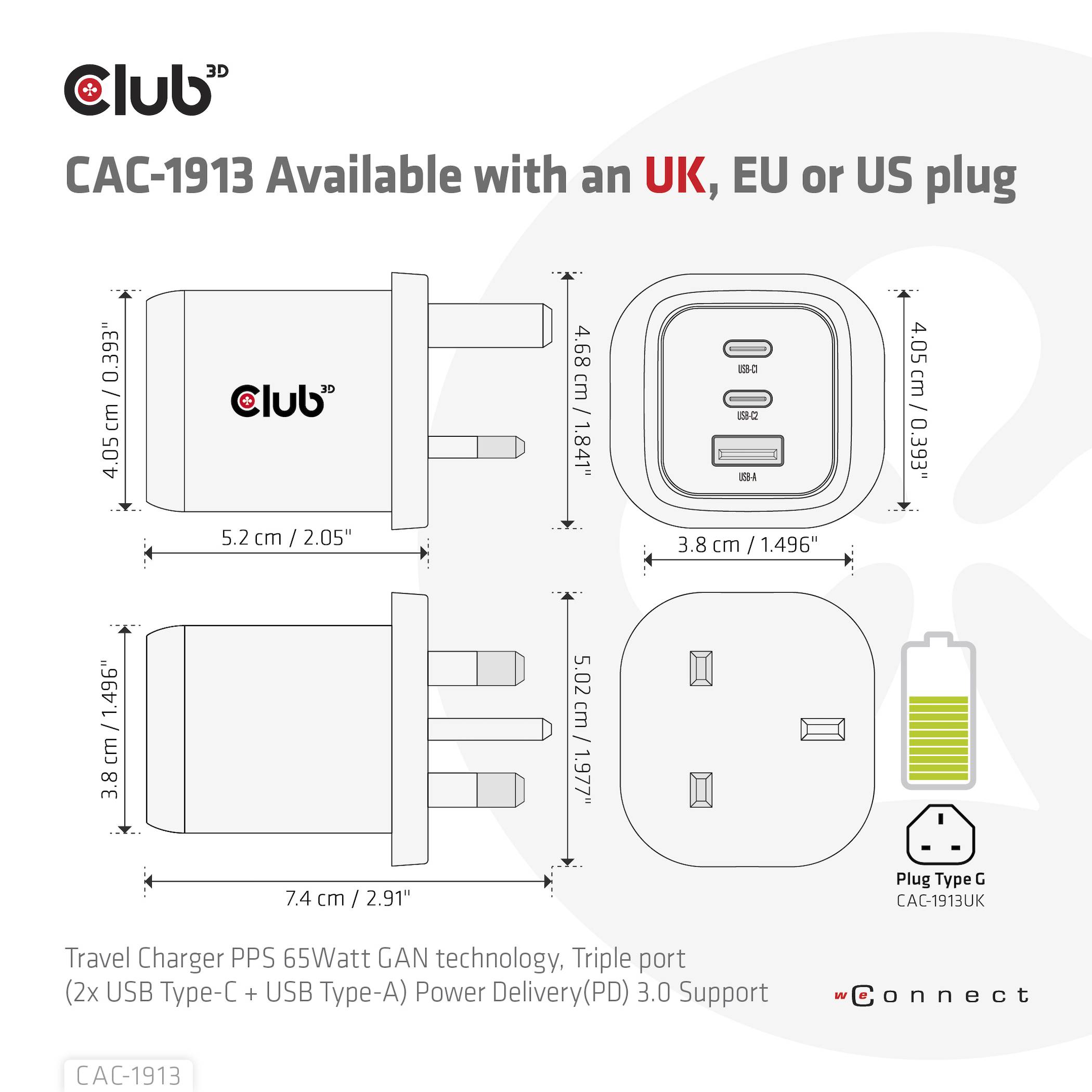club3D CAC-1913EU USB Ladegerät 65 W 1x USB-A, 2x USB-C® USB PD 3.0, USB PD Schwarz-4