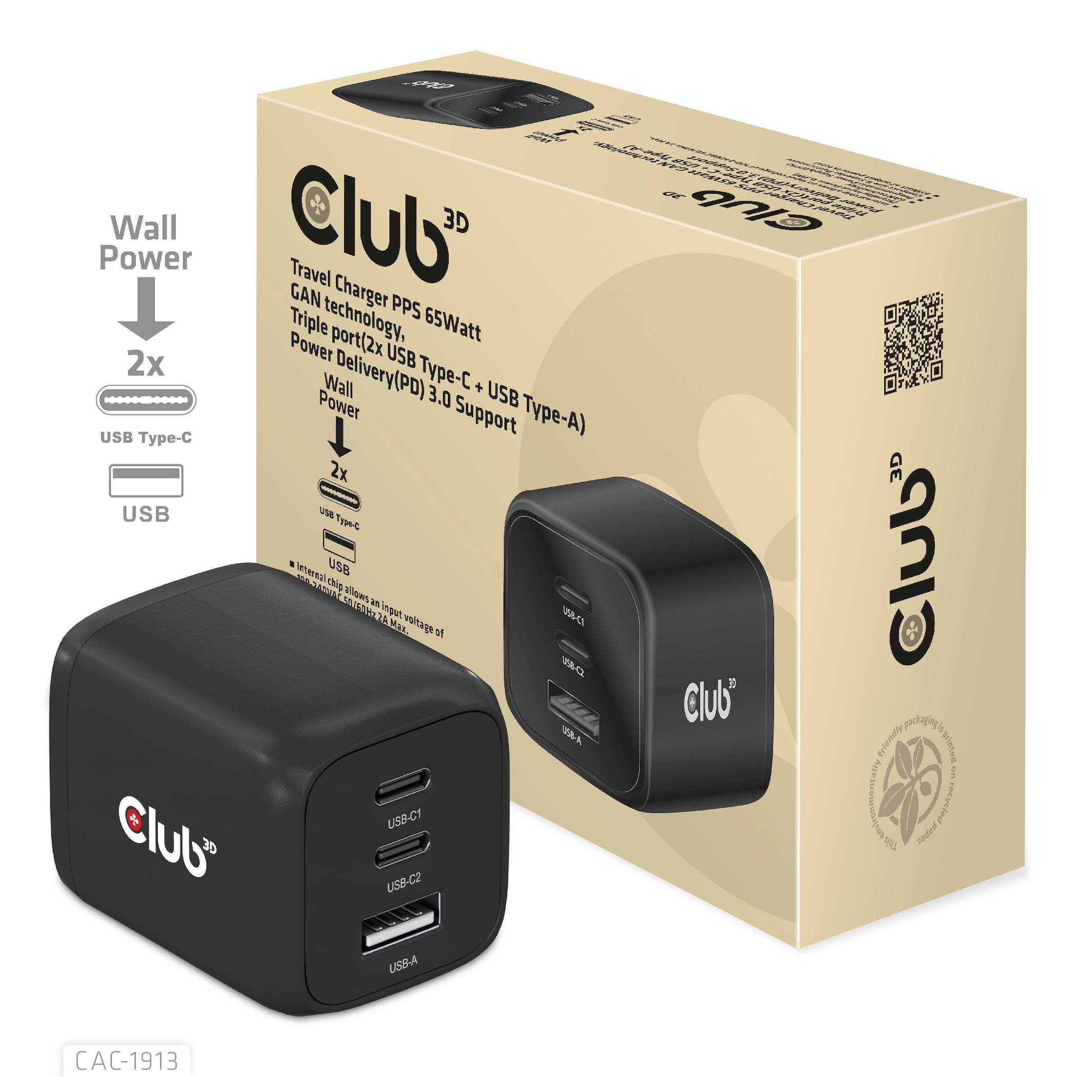 club3D CAC-1913EU USB Ladegerät 65 W 1x USB-A, 2x USB-C® USB PD 3.0, USB PD Schwarz-10