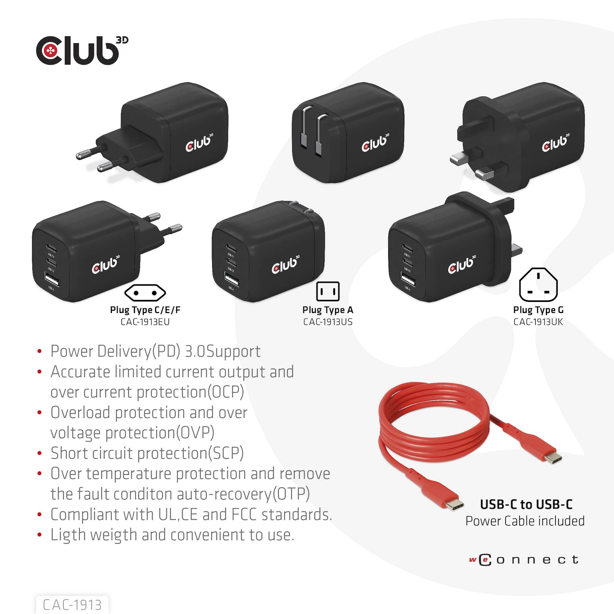 club3D CAC-1913EU USB Ladegerät 65 W 1x USB-A, 2x USB-C® USB PD 3.0, USB PD Schwarz-13