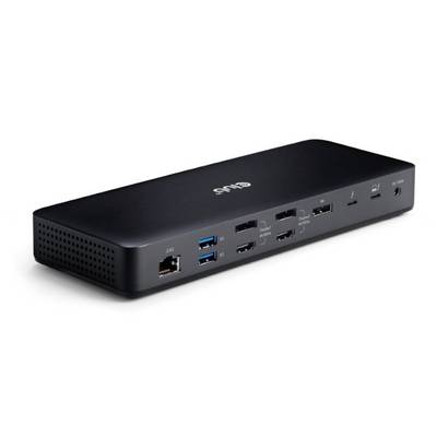 Schwarzes USB-C-Dockingstation mit mehreren Anschlüssen, darunter USB, HDMI, Ethernet und Kopfhöreranschluss, auf weißem Hintergrund.
