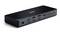 Schwarzes USB-C-Dockingstation mit mehreren Anschlüssen, darunter USB, HDMI, Ethernet und Kopfhöreranschluss, auf weißem Hintergrund.