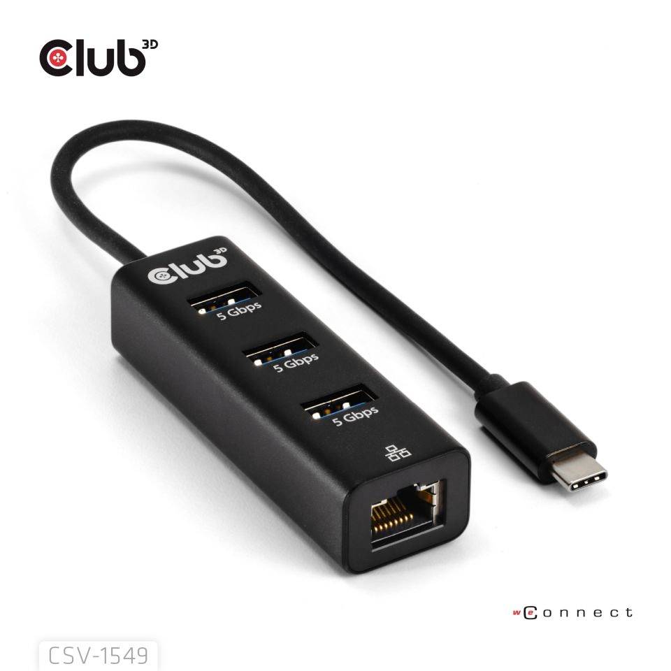 club3D USB-C® Adapter [1x USB-C® Stecker - 4x USB 3.2 Gen 1 Buchse intern 19pol. (USB 3.0), RJ45-Buchse] CSV-1549 0.17 m-3