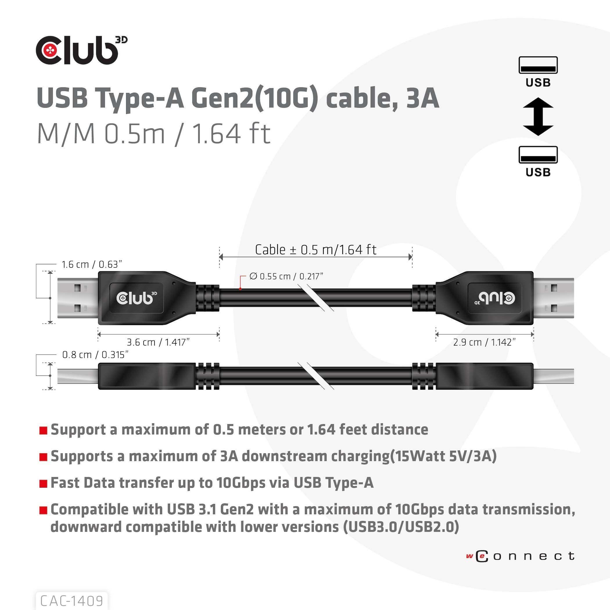 club3D USB-Kabel USB-A Stecker 0.50 m Schwarz CAC-1409-3