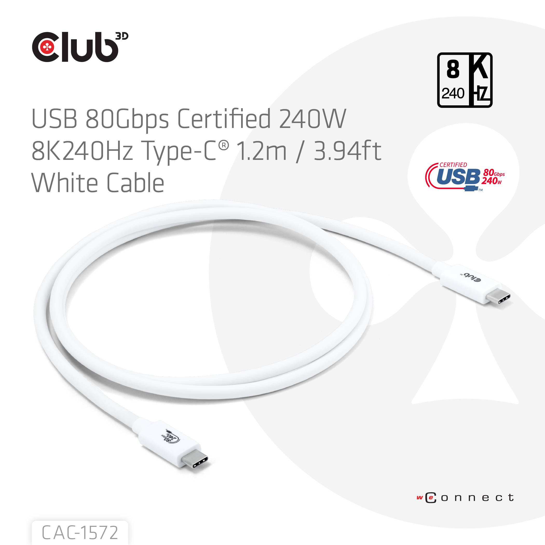 club3D USB-C® Kabel USB4® USB-C® Stecker 1.20 m Weiß CAC-1572-1