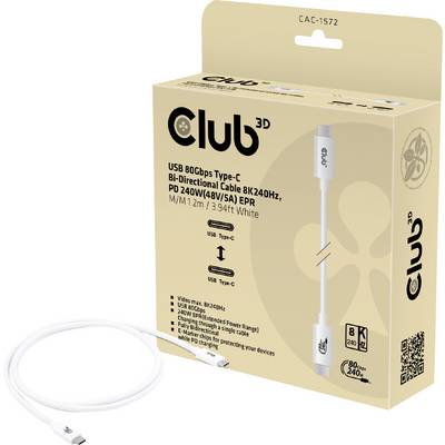 Eine beigefarbene Verpackung zeigt ein USB Typ-C Kabel von Club 3D, 80 Gbps, 240W, mit Abbildung des Kabels und technischen Spezifikationen.