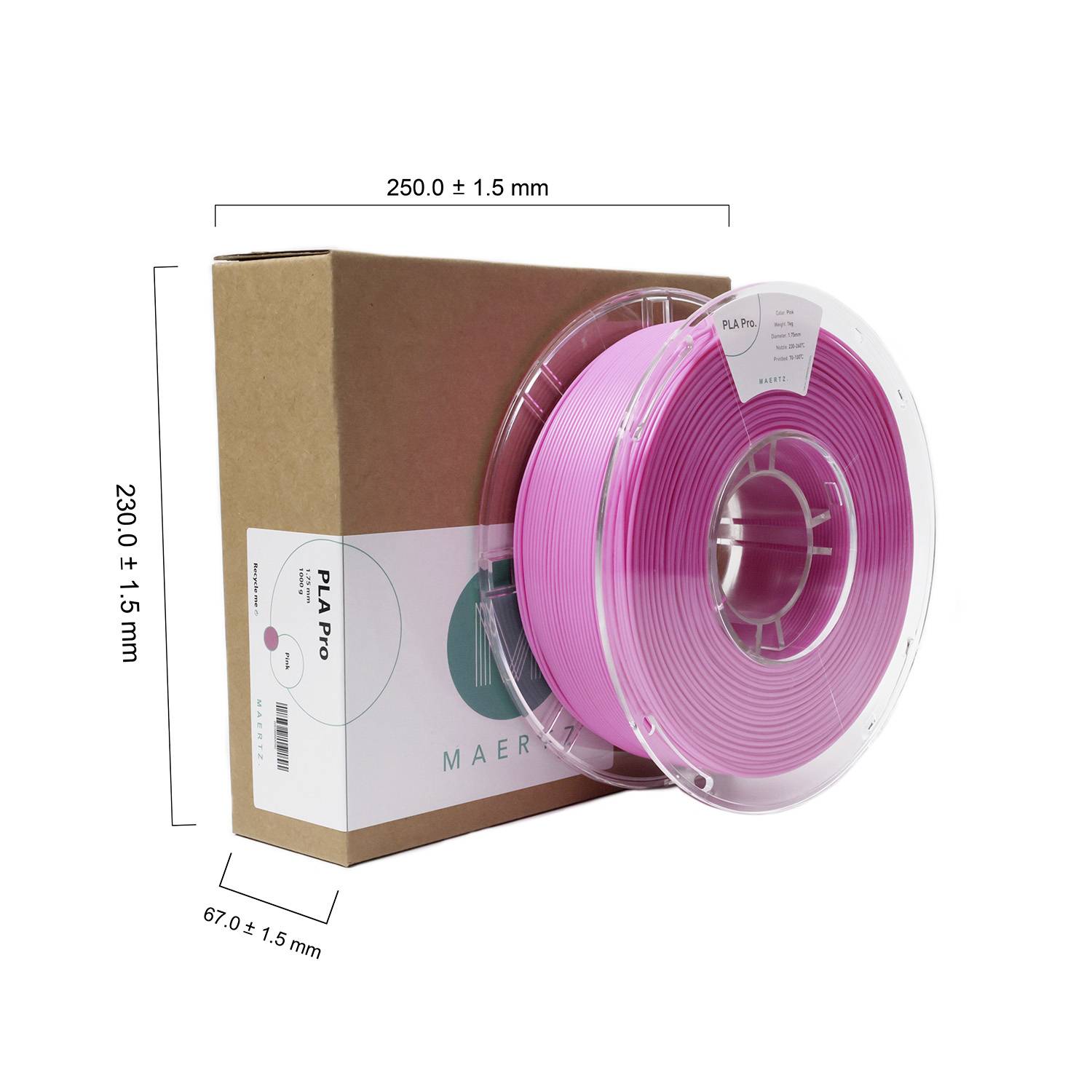 'PLA Pro' Filament Spule in Pink, Durchmesser 1,75 mm, Länge 2300 mm. Verpackungsmaße: 250 x 67 mm. Produkt von Maertz.