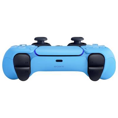 Ein blauer Gaming-Controller mit schwarzen Tasten. Oben befinden sich zwei schwarze Joysticks. Die Marke 'Sony' ist in der Mitte.