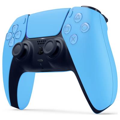 Ein leuchtend blauer Gaming-Controller mit zwei Joysticks, einem Steuerkreuz und mehreren Tasten für eine Spielekonsole.