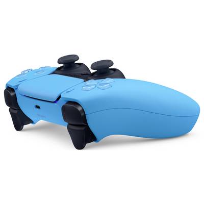 Ein blauer Gaming-Controller mit schwarzen Tasten und Joysticks, auf einer weißen Oberfläche liegend.