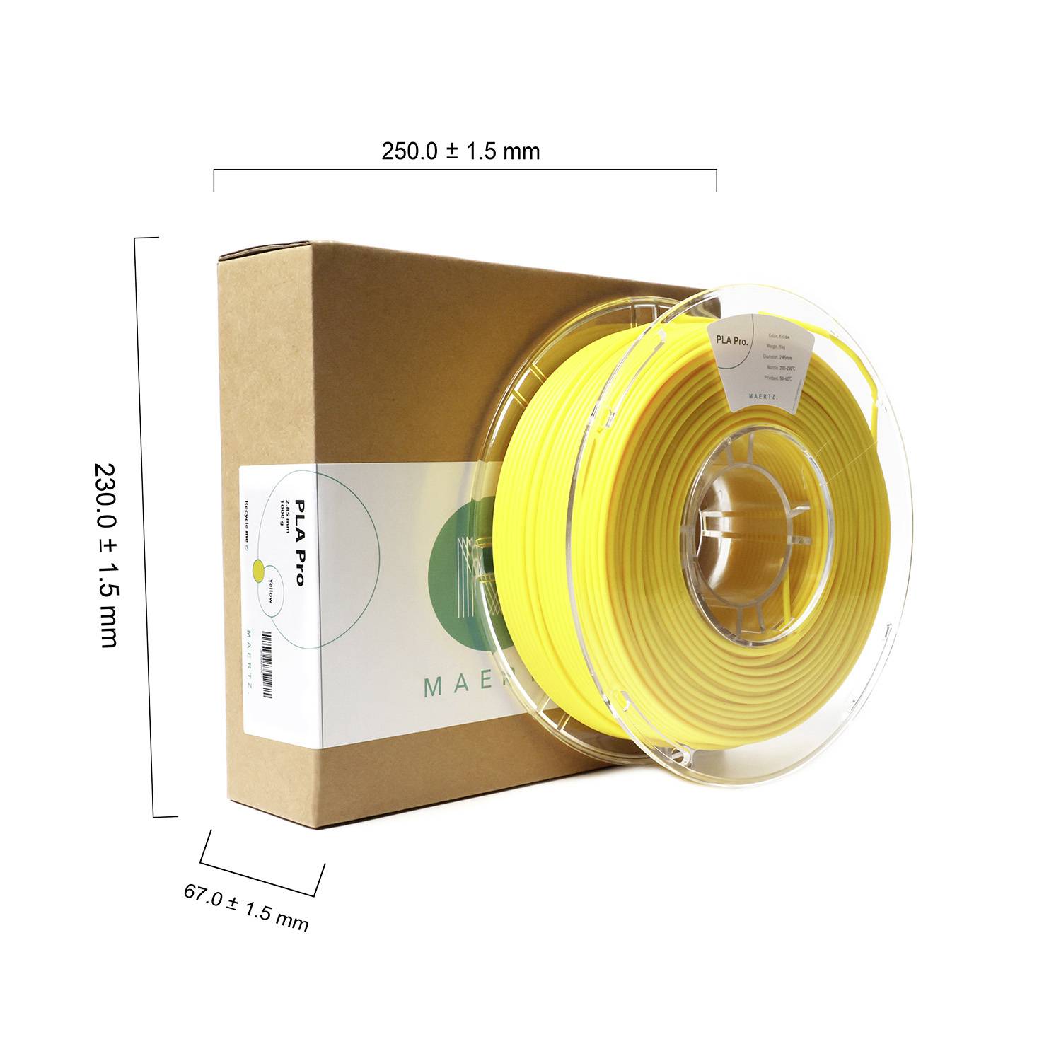 Gelbe PLA-Pro-Filamentrolle neben Verpackung. Verpackungsmaße: 250 mm x 230 mm x 67 mm. Ideal für 3D-Druckanwendungen.