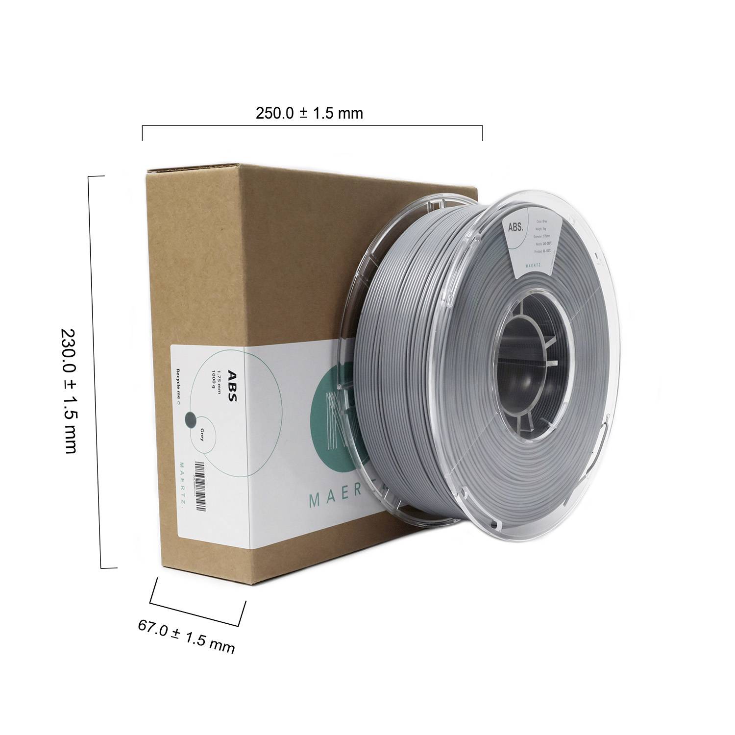Eine Spule mit grauem ABS-Filament neben einem Karton. Maße: 250 mm (L), 230 mm (H), 67 mm (B). Produkt für 3D-Druck.