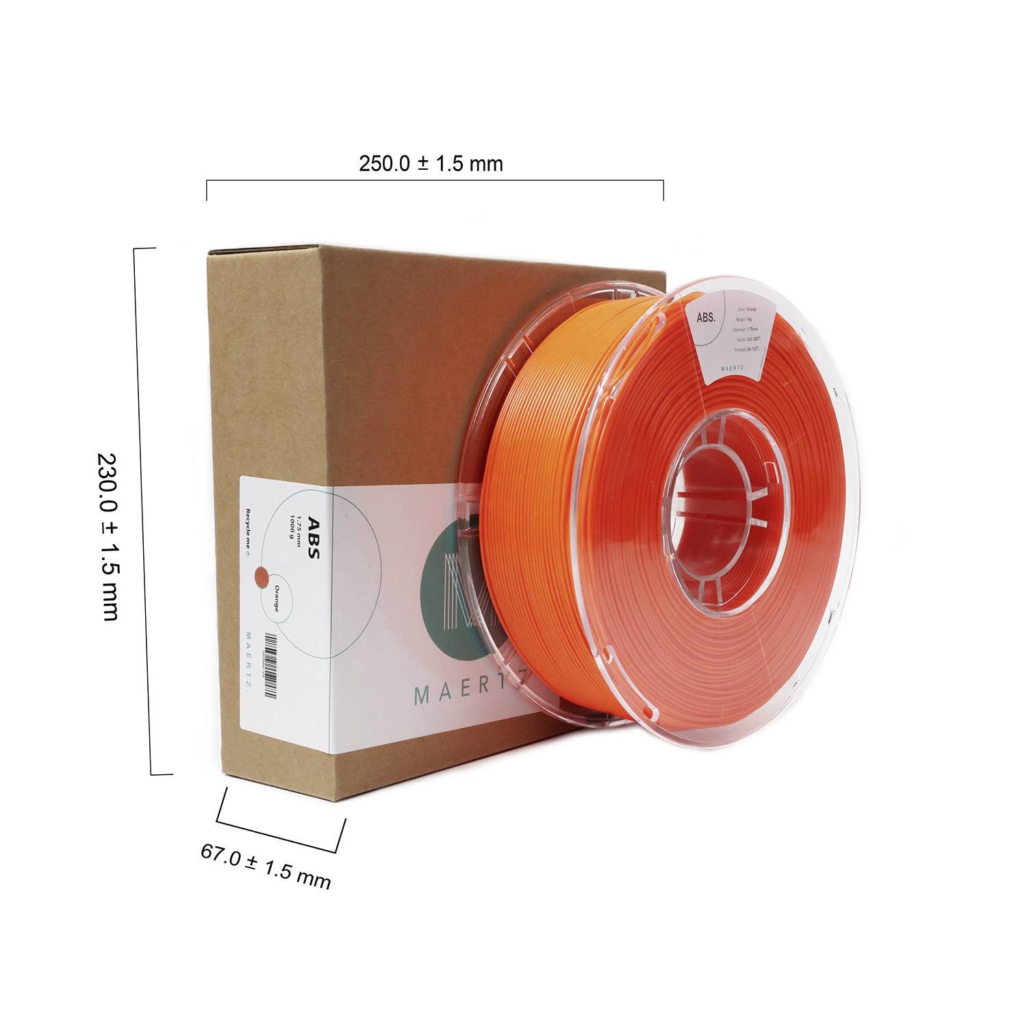 Spule mit orangem ABS-Filament für 3D-Druck, neben brauner Verpackung. Maße: 250x230x67 mm.