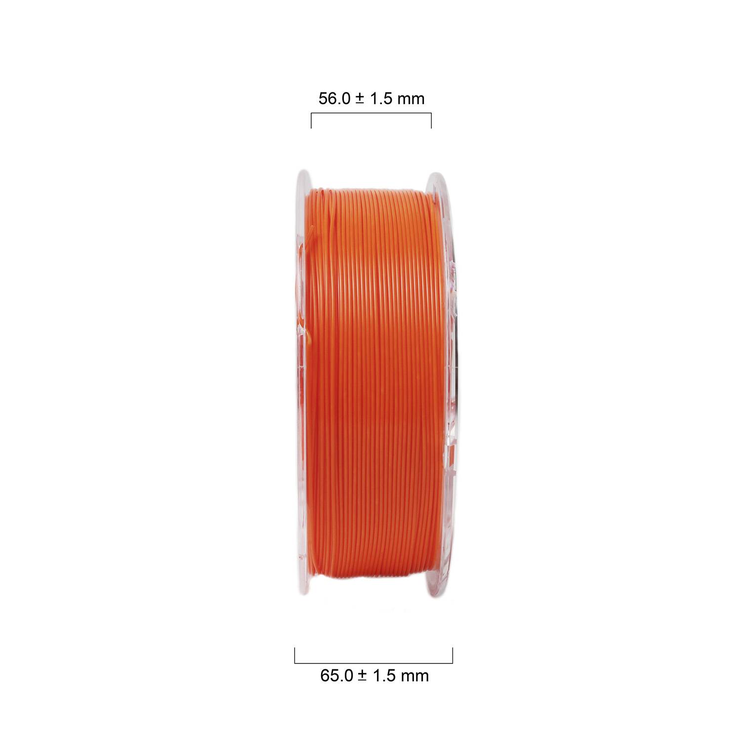 Eine Spule mit orangem Draht, seitlich aufgenommen. Durchmesser der Spule: 65,0 ± 1,5 mm; Höhe: 56,0 ± 1,5 mm.