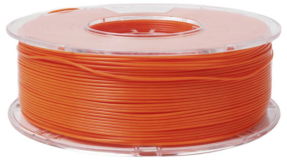 Eine durchsichtige Spule mit leuchtend orangefarbenem 3D-Drucker-Filament, das ordentlich gewickelt ist.