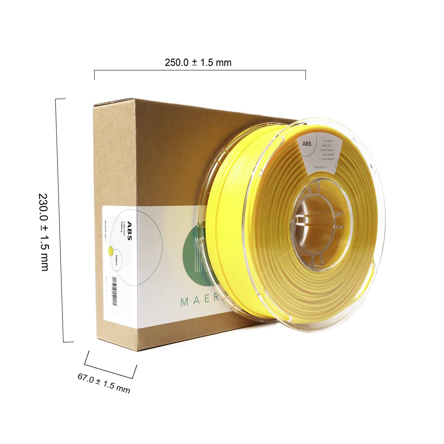 Gelbe 3D-Drucker-Filament-Rolle aus ABS-Material neben einer braunen Verpackungsbox. Maßangaben für Breite, Höhe und Tiefe sind angegeben.