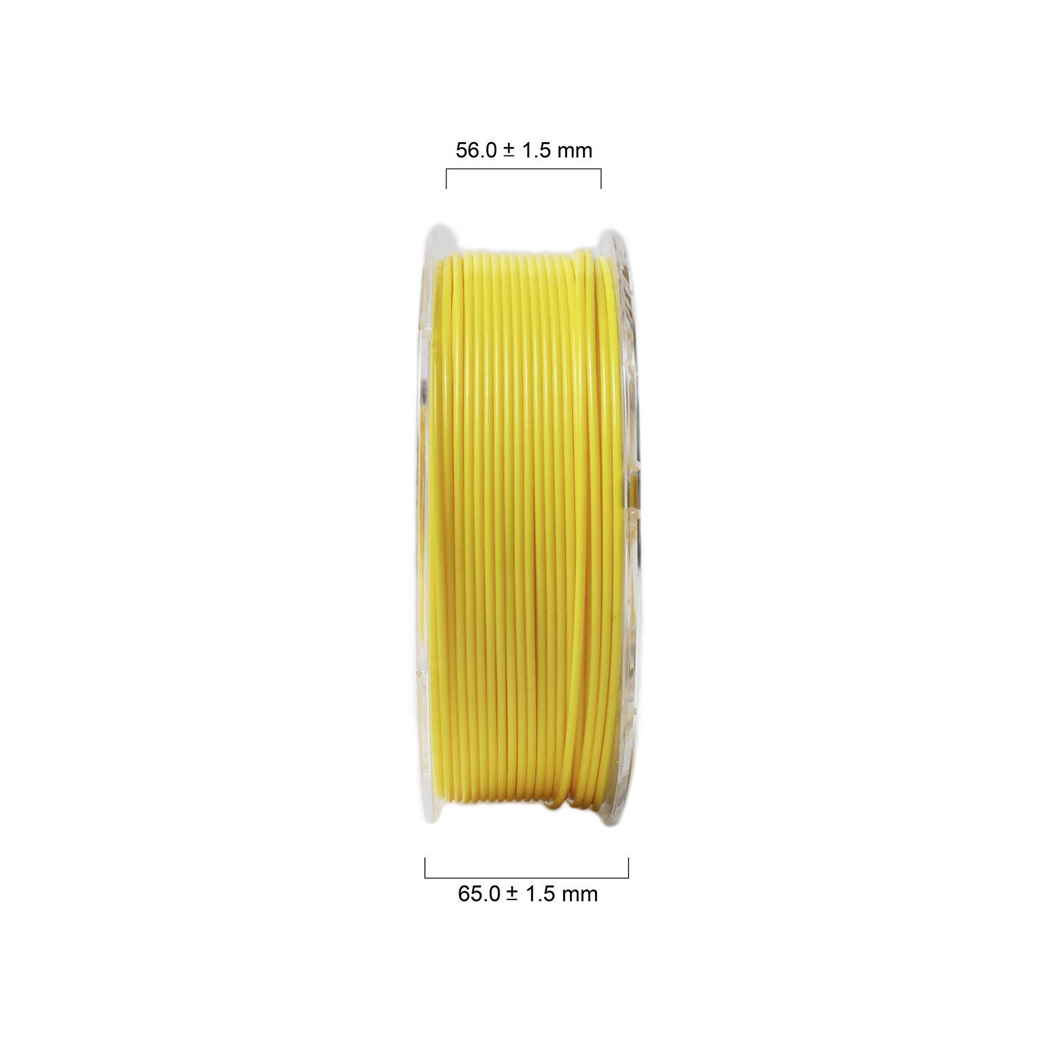 Gelbes Filament auf einer Rolle, seitliche Ansicht. Höhenmaß: 56,0 ± 1,5 mm; Breitenmaß: 65,0 ± 1,5 mm. Ideal für 3D-Druck.
