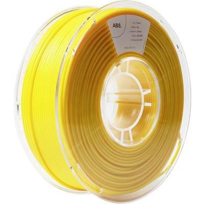 Spule mit gelbem ABS-Filament für 3D-Drucker, transparente Kunststoffverpackung mit Etikett oben, zeigt Filamenttyp und Gewicht.