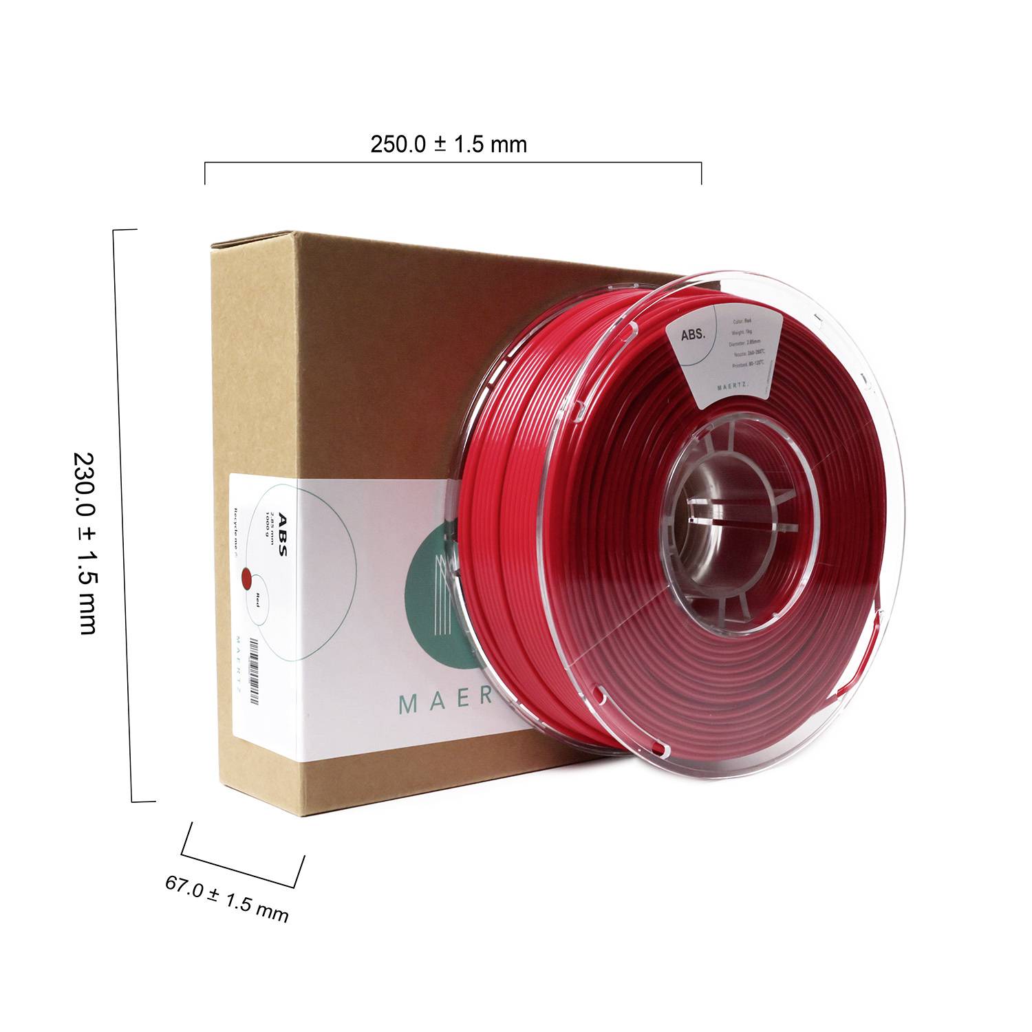 'Rote ABS-Filamentspule' ist vor einem Karton platziert. Maße: 250 mm Breite, 230 mm Höhe, 67 mm Tiefe. Spule mit Label.