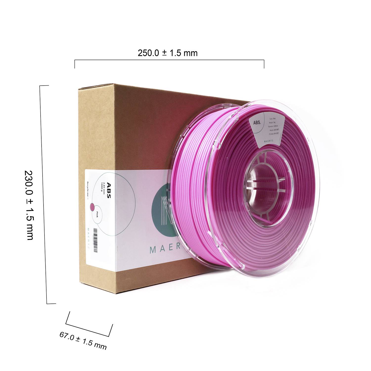 Die Abbildung zeigt eine Spule mit pinkem 3D-Druckerfilament aus ABS, daneben eine Verpackung. Die Maße sind 250 mm x 230 mm x 67 mm.