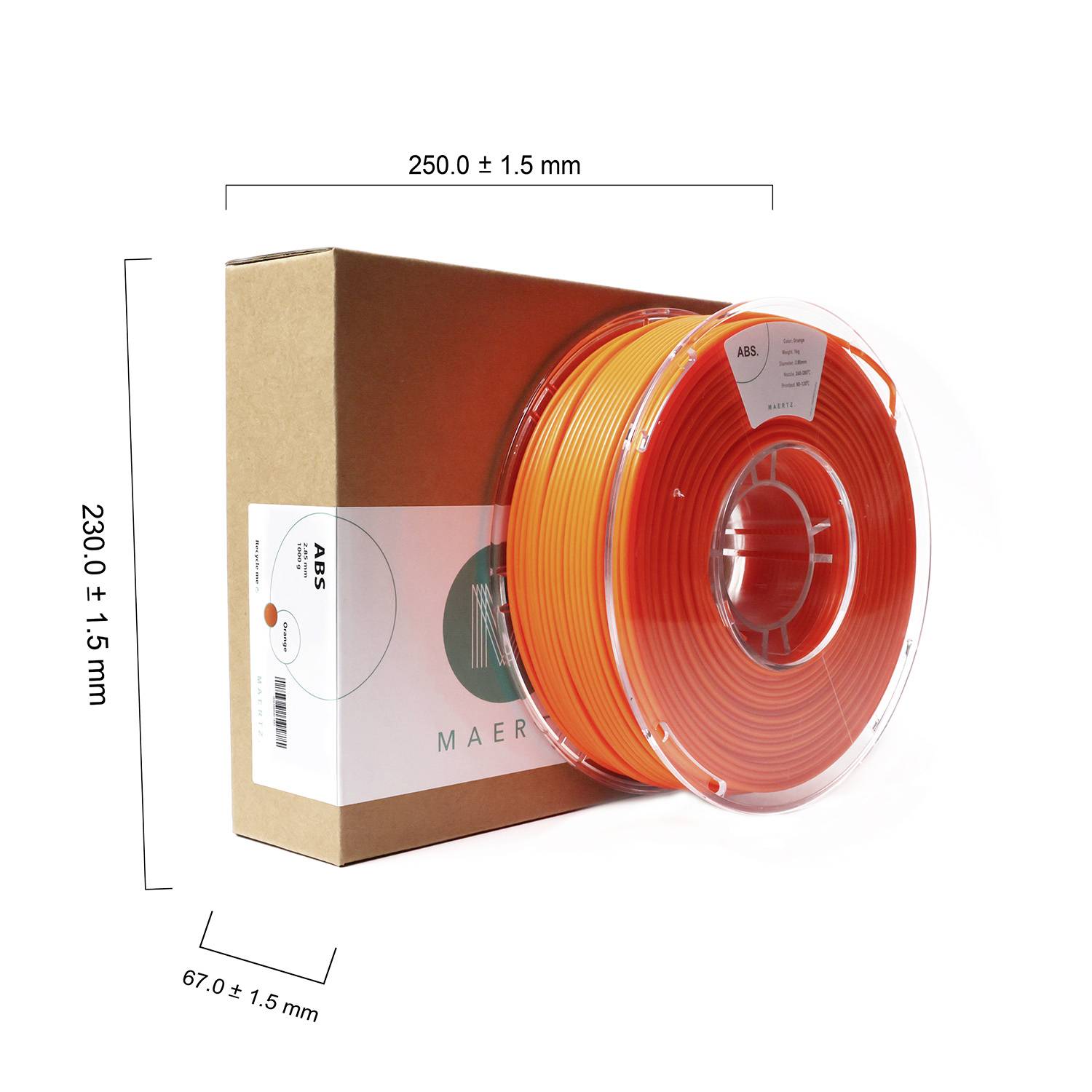 '3D-Drucker-Filament, orange, 1,75 mm, 1 kg, auf Spule. Box mit Maßen 250x230x67 mm. Geeignet für 3D-Druckerkompatibilität.'