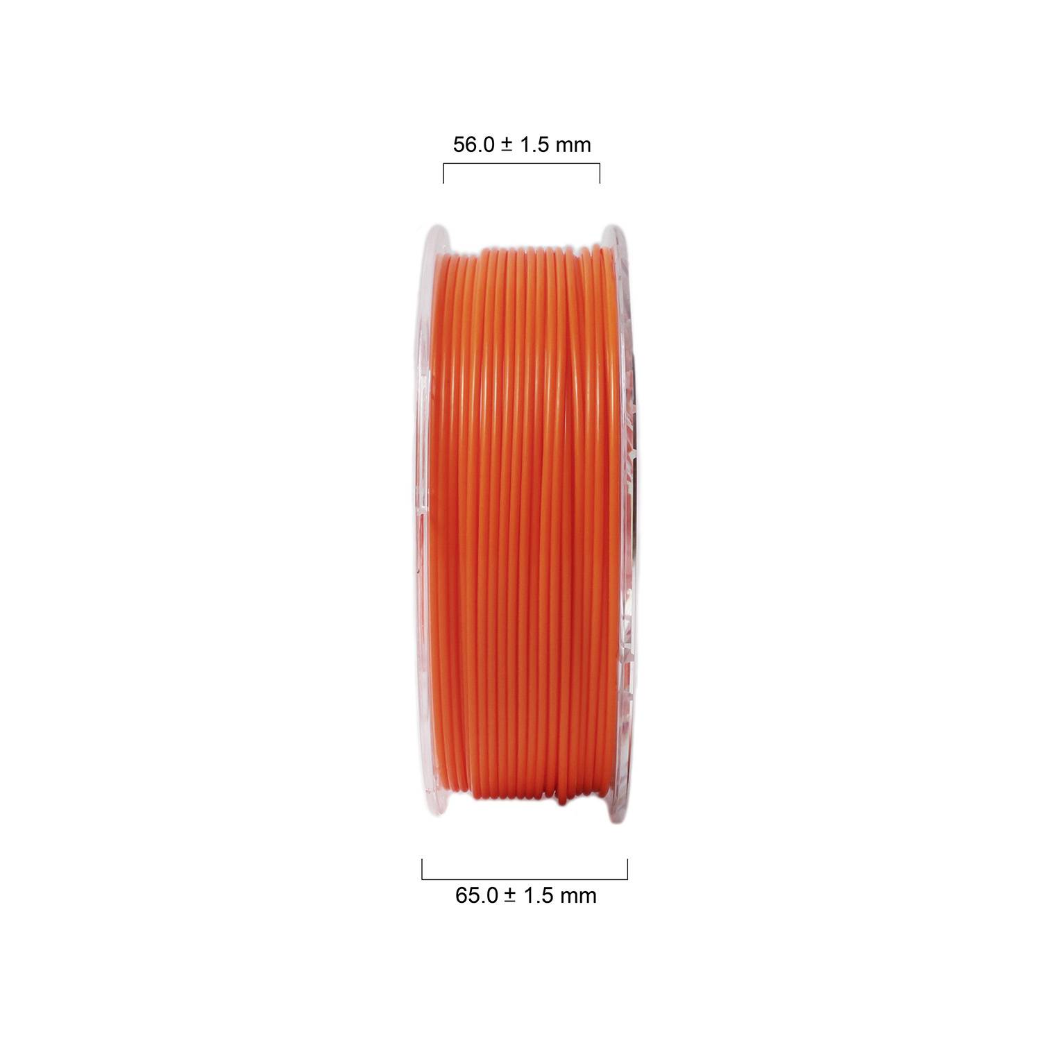Orange Kunststoffspule seitlich, Durchmesser 65 mm, Breite 56 mm.