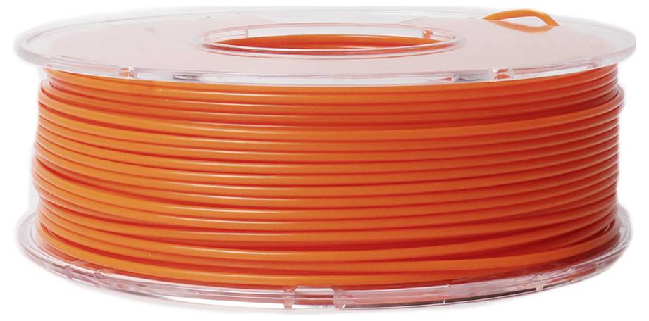 Eine Kunststoffspule mit orangefarbenem 3D-Druckerfilament, aufgerollt und bereit zur Verwendung.