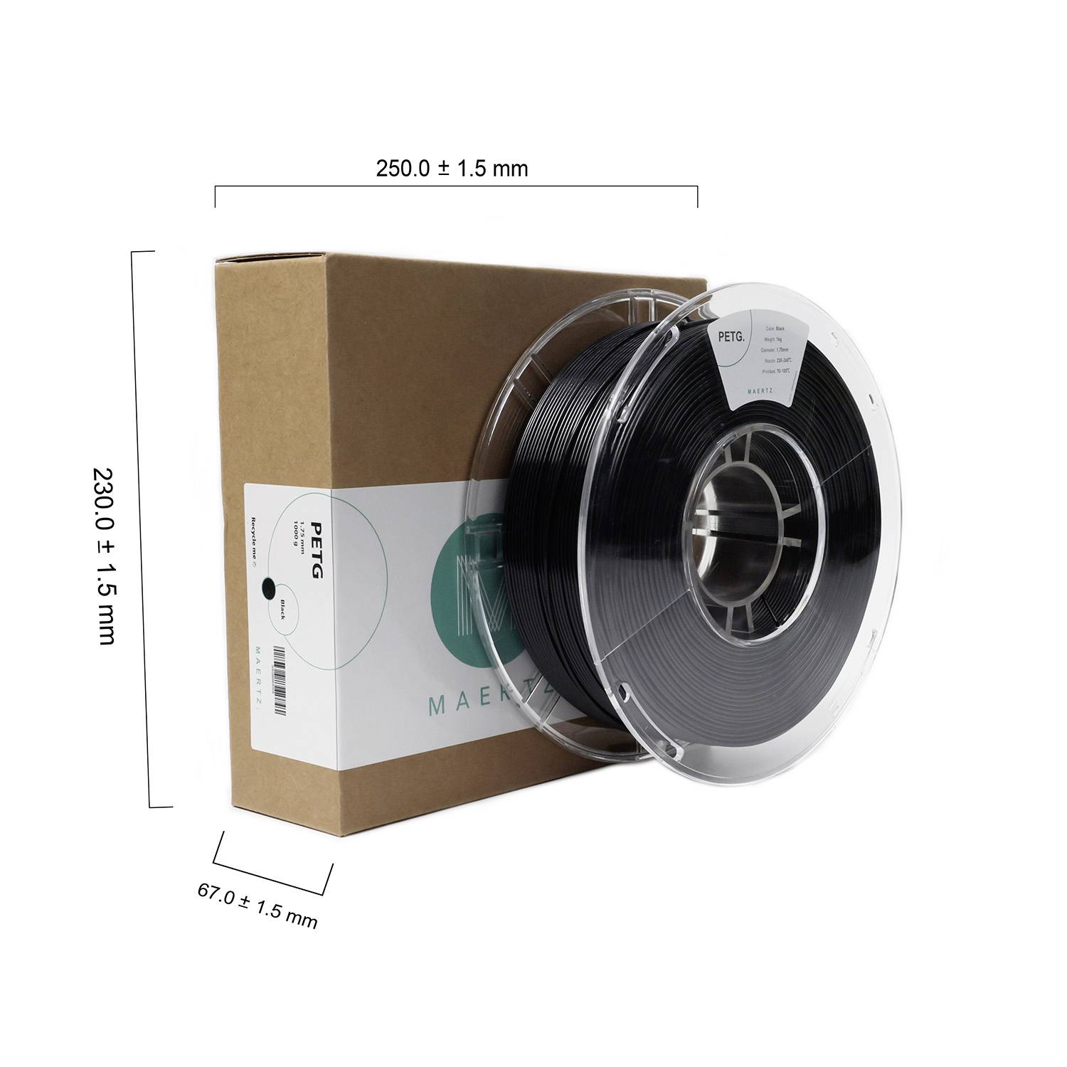 Eine Spule mit schwarzem PETG-Filament für 3D-Drucker neben der Verpackung. Maße der Verpackung: 250 mm x 230 mm x 67 mm.